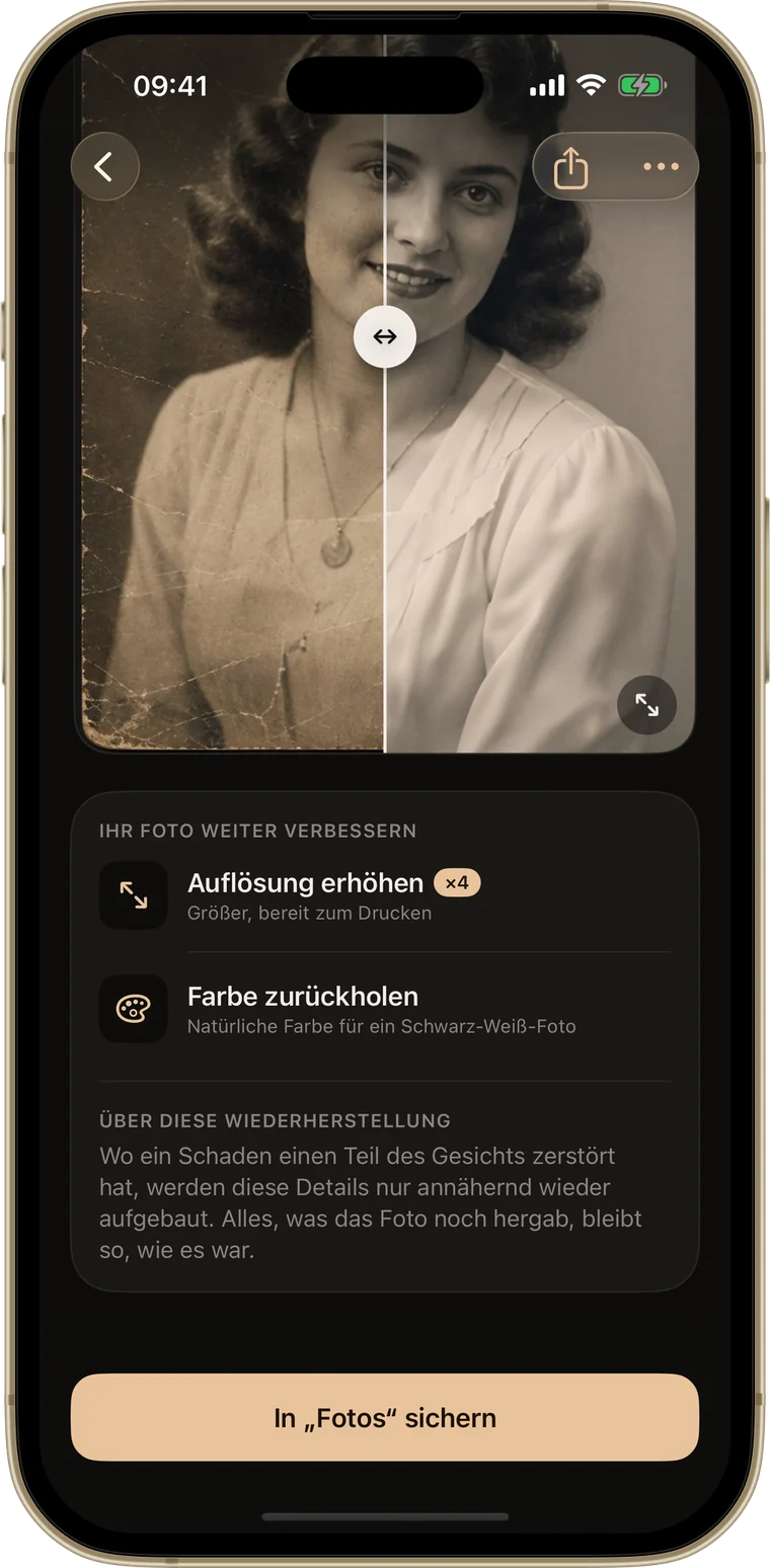Ein restauriertes Sepia-Porträt in Revera mit zwei Angeboten darunter: die Auflösung vervierfachen und die Farbe zurückholen.
