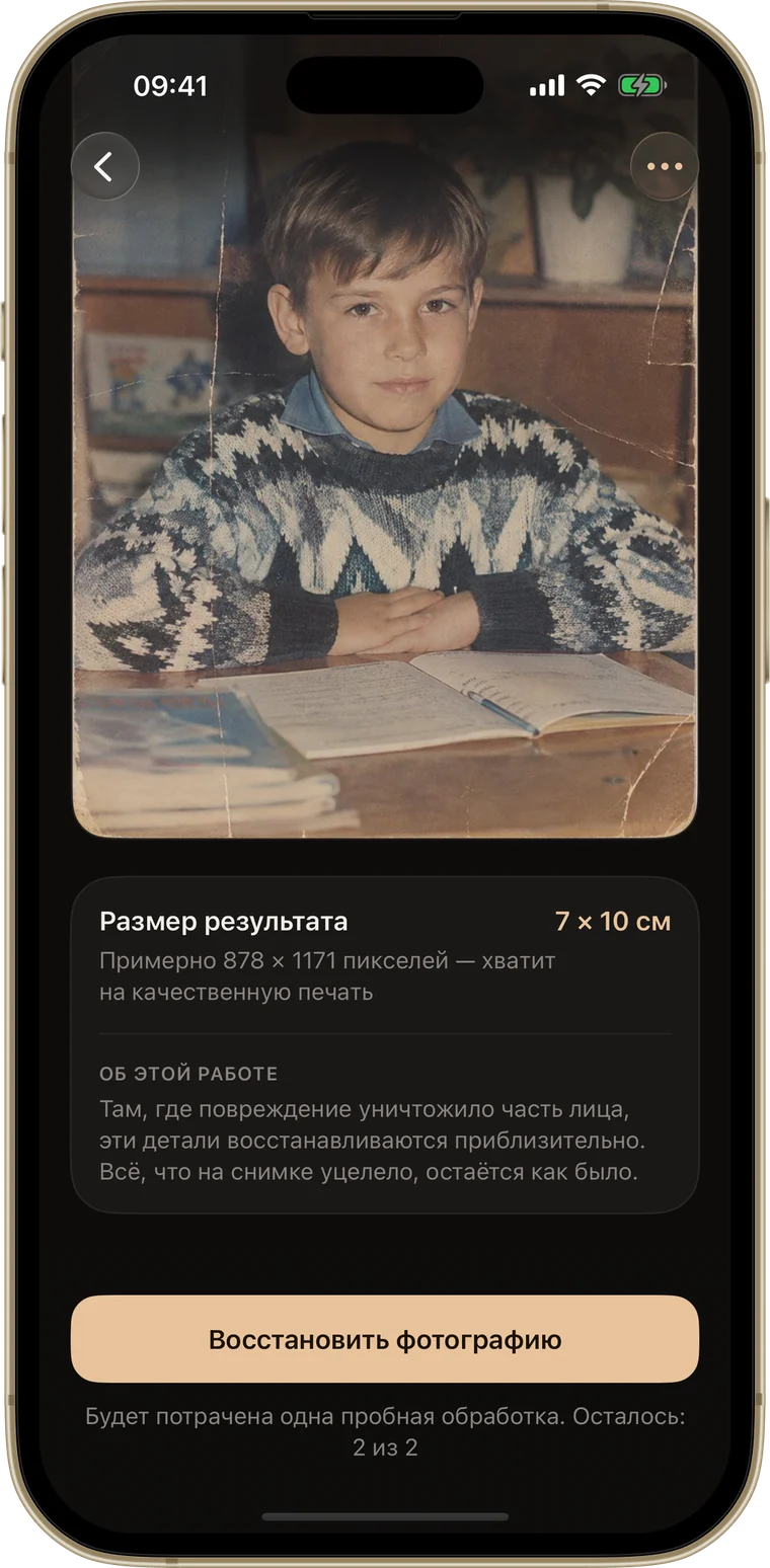 Экран фотографии в Revera, пока ничего не потрачено: размер результата в сантиметрах и предупреждение о повреждении, прошедшем через лицо.
